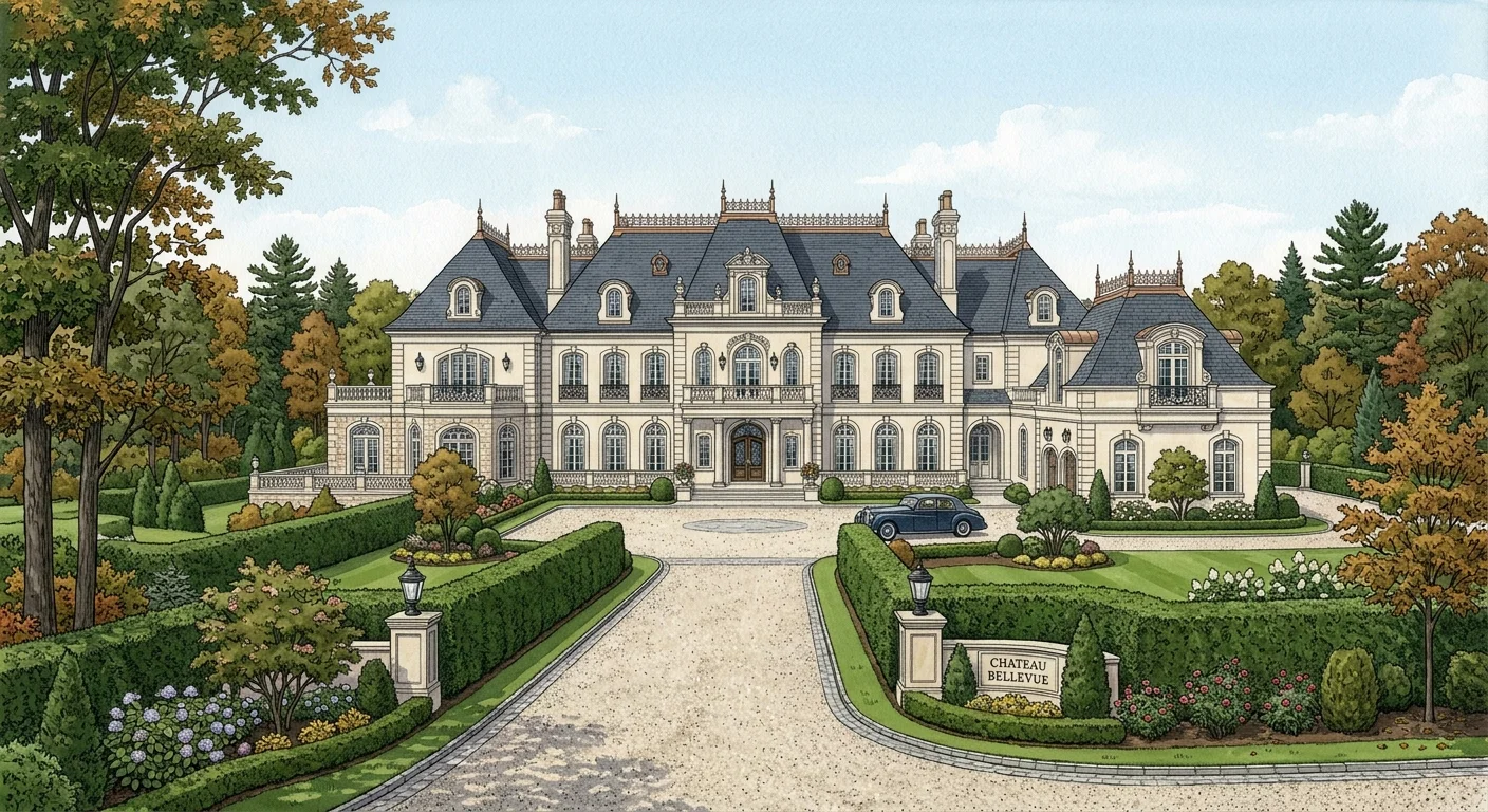 A gouache illustration of a grand limestone French chateau-style estate behind manicured hedges in Alpine, New Jersey.
