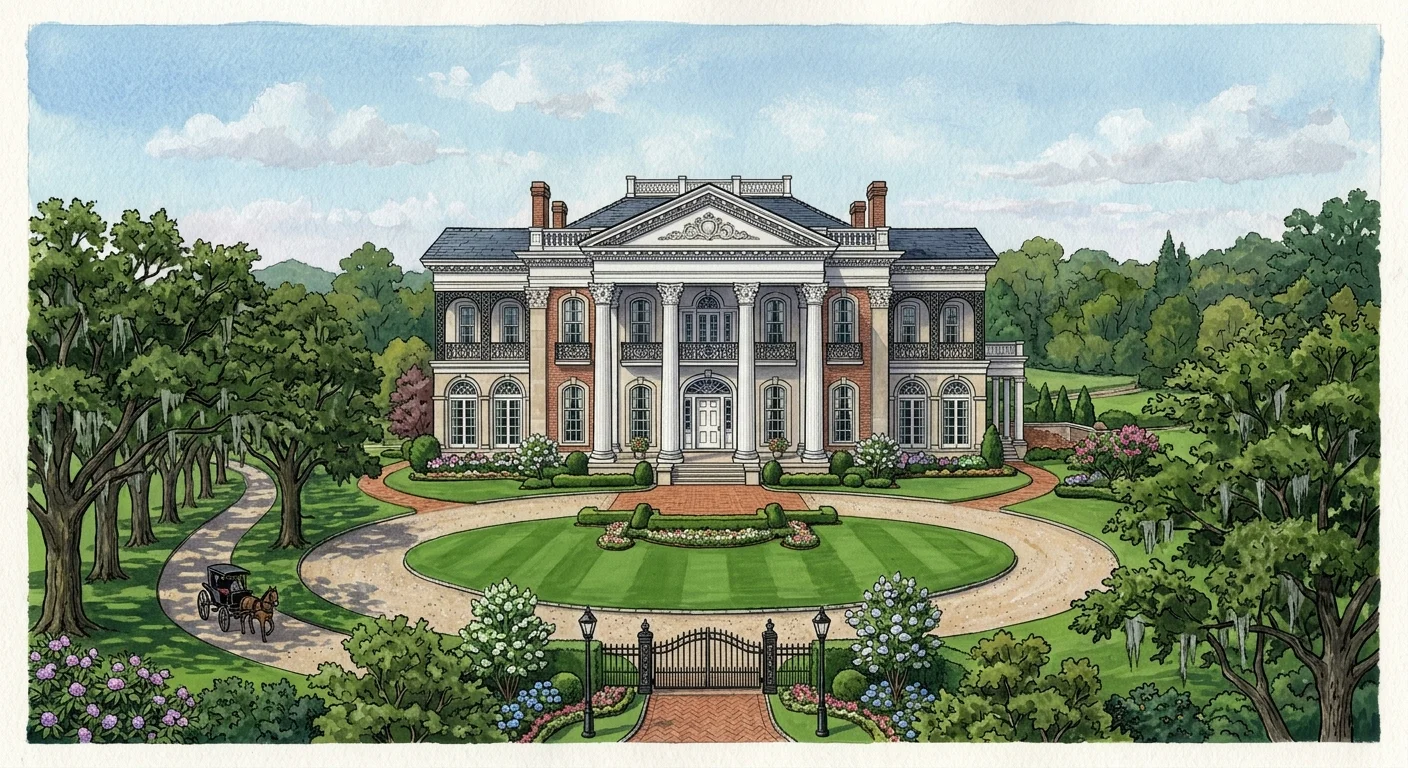 A gouache illustration of a grand neoclassical mansion with white columns in Belle Meade, Nashville, Tennessee.