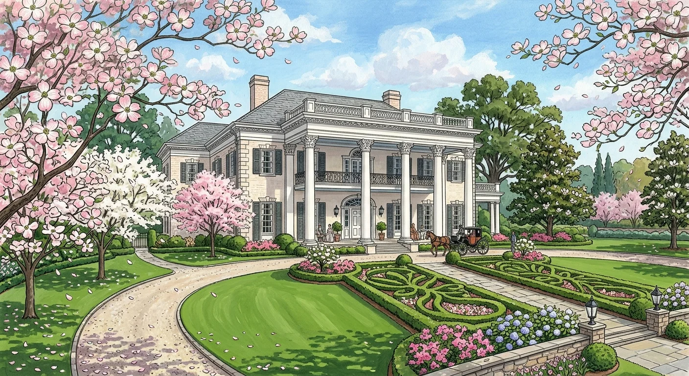 A gouache illustration of a grand Southern neoclassical mansion in Buckhead, framed by blooming dogwood trees.