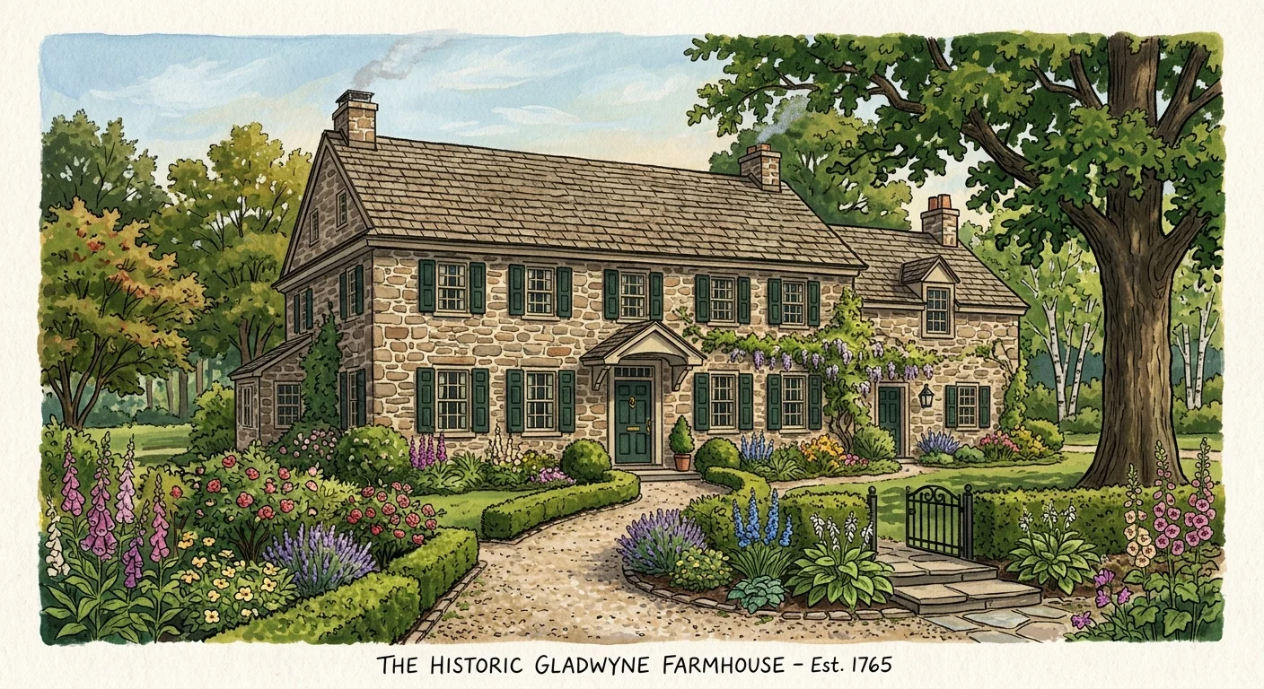 A gouache illustration of a historic stone farmhouse in Gladwyne, Pennsylvania, with green shutters and a gravel path.
