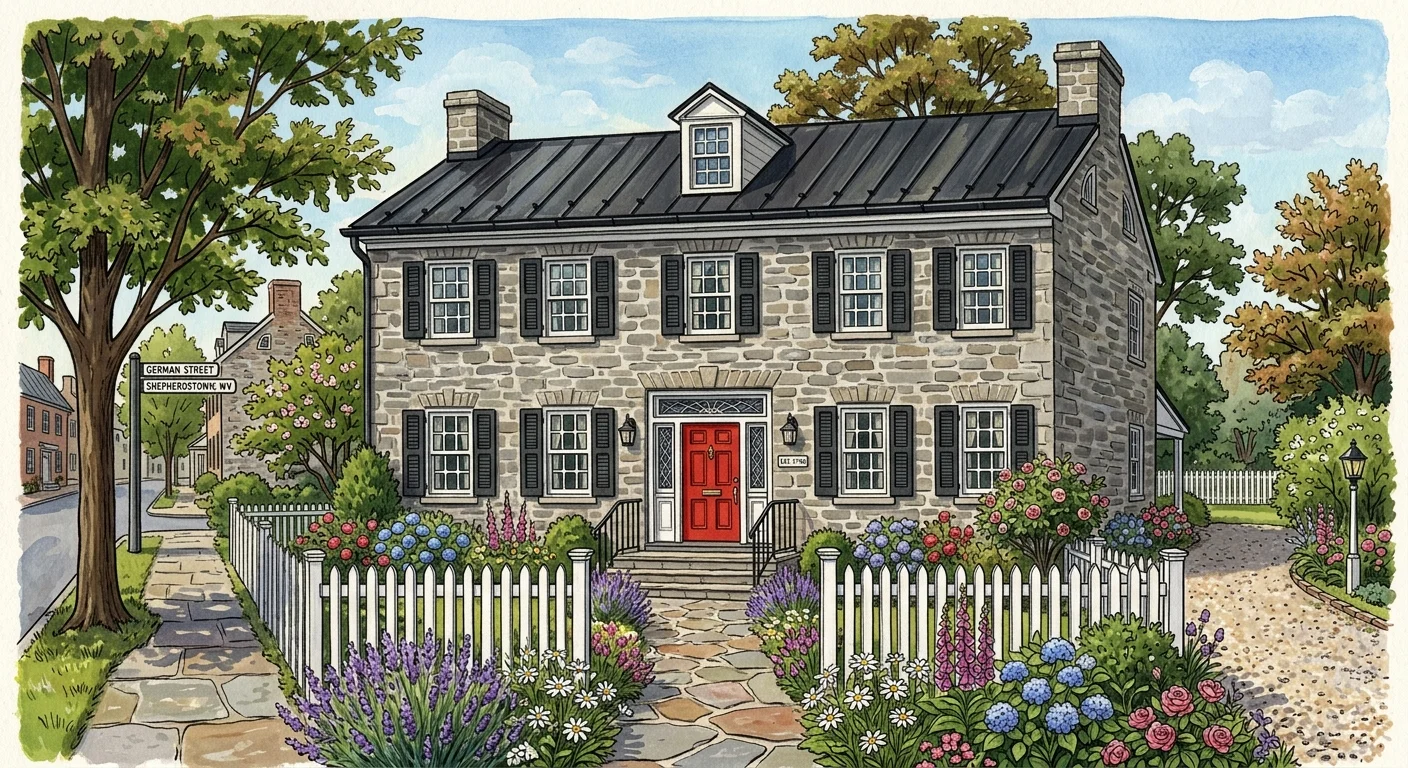 A gouache illustration of a historic stone house in Shepherdstown, West Virginia, with a white picket fence and flower garden.