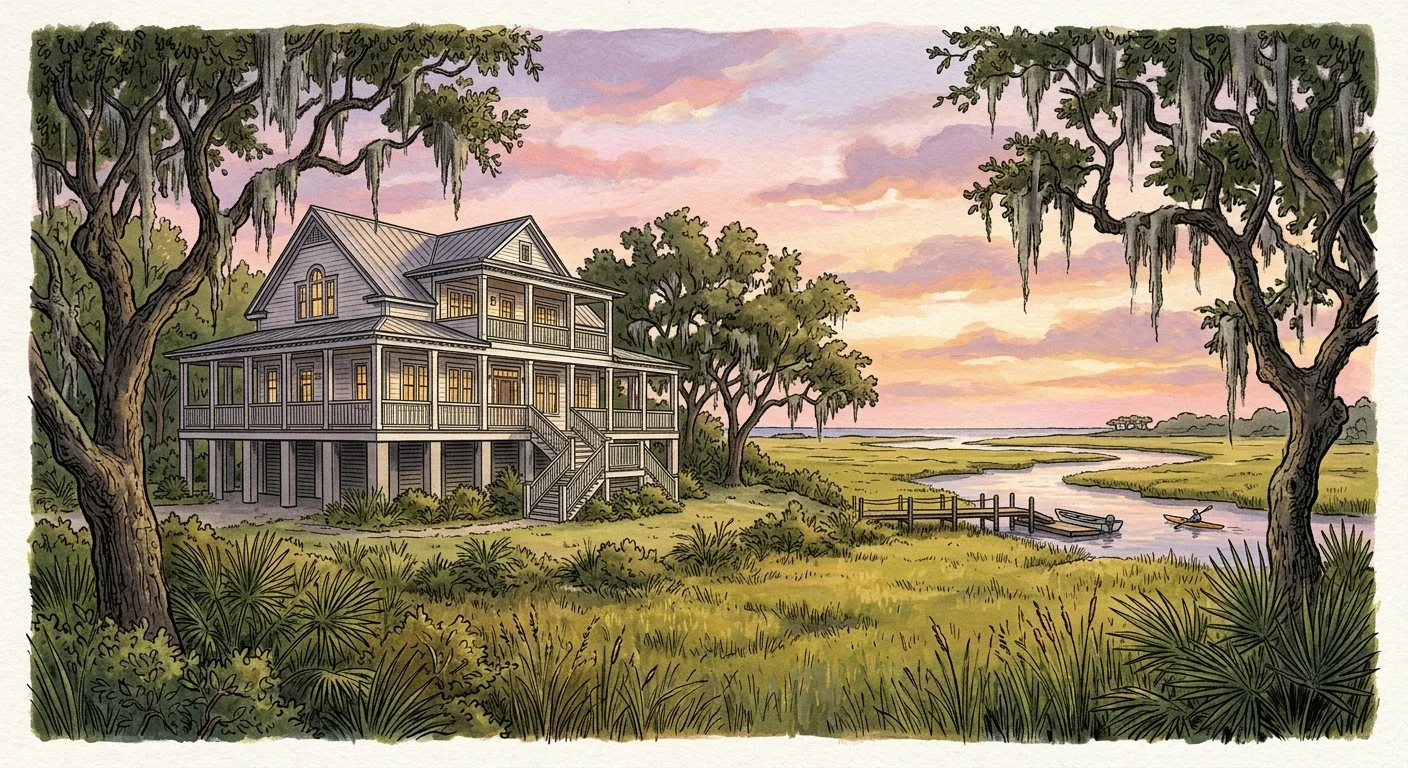 A gouache illustration of a lowcountry home on Kiawah Island, South Carolina, overlooking a salt marsh under a sunset sky.