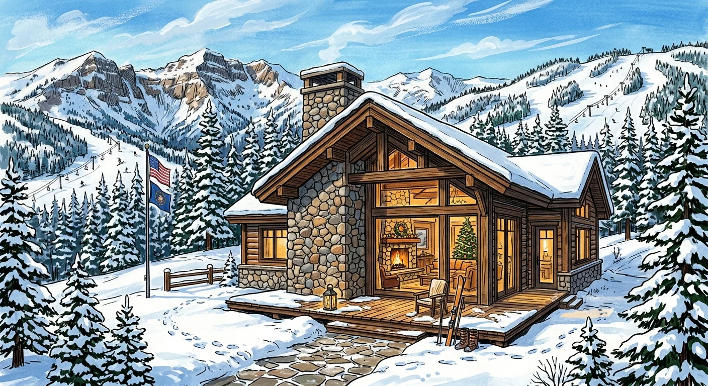 A gouache illustration of a luxury timber ski chalet in Park City, Utah, with snow-covered mountains in the background.