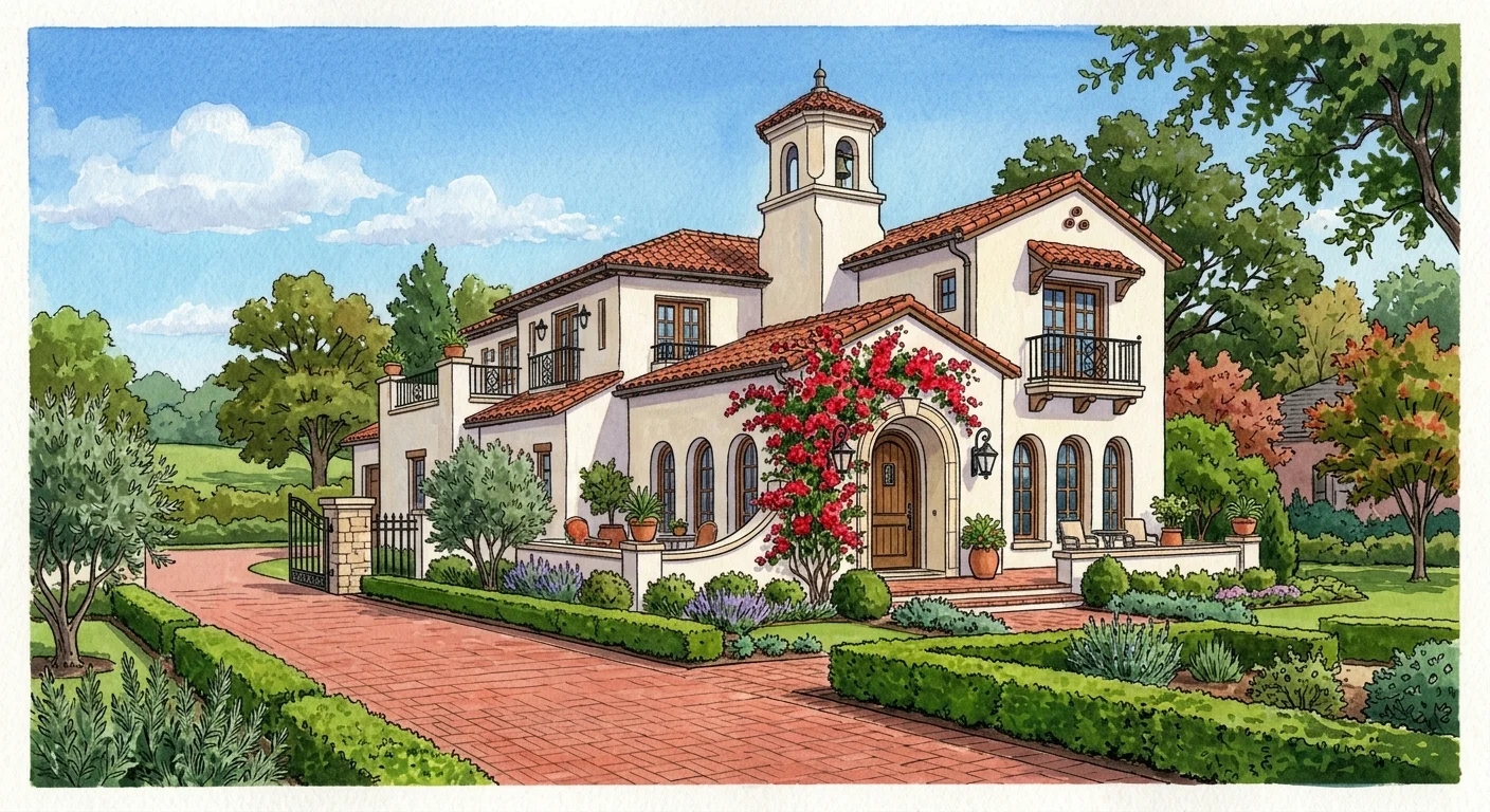 A gouache illustration of a Mediterranean-style villa with a red tile roof and climbing bougainvillea in Nichols Hills, Oklahoma.