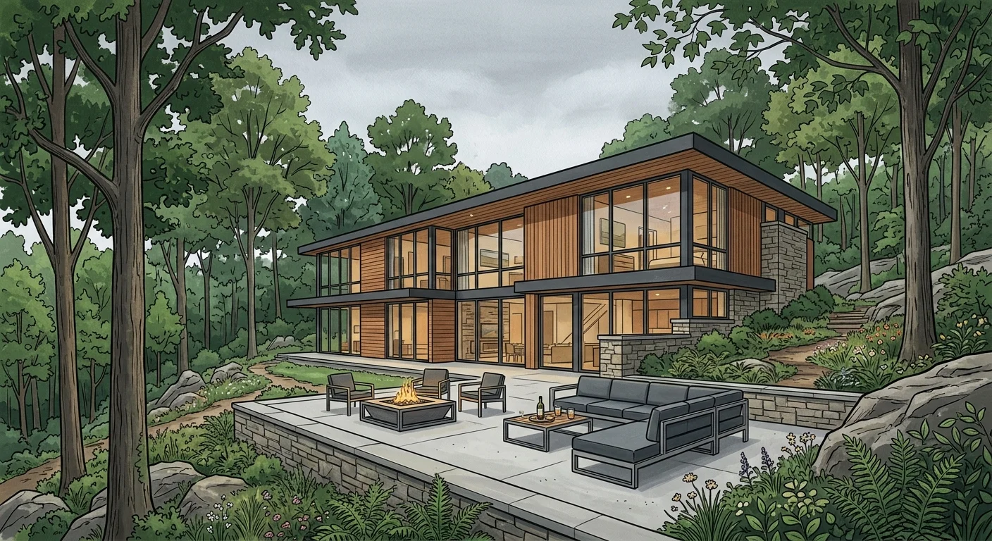 A gouache illustration of a modern cedar and glass forest estate on a wooded hillside in Great Falls, Virginia.