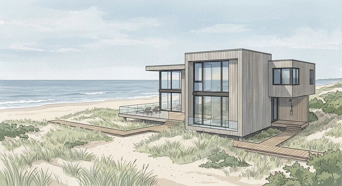 A gouache illustration of a modern cedar beach house among sand dunes in Sagaponack, New York.