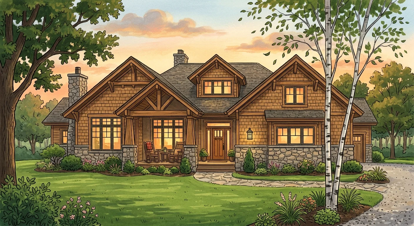 A gouache illustration of a modern craftsman-style home with a glowing front porch in South Fargo, North Dakota.