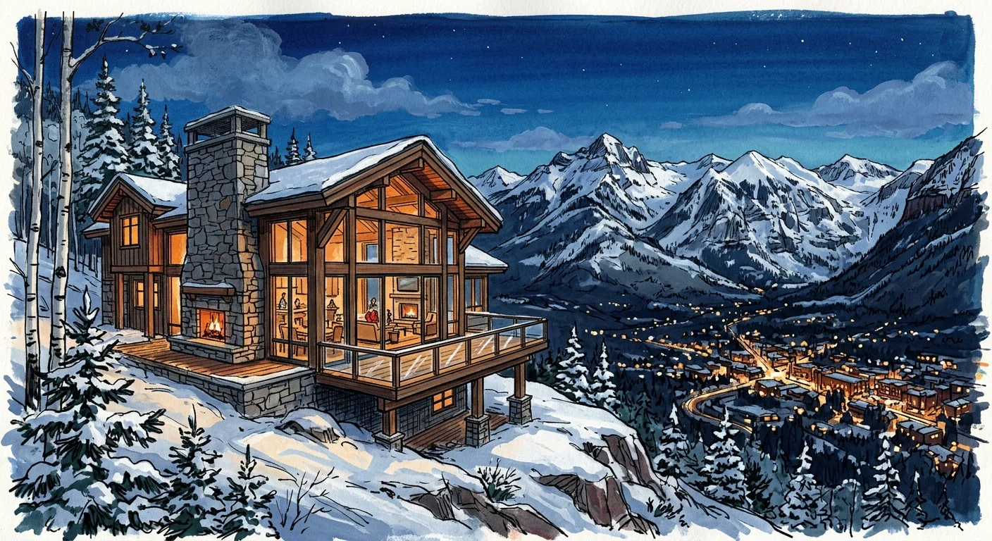 A gouache illustration of a modern luxury chalet on Aspen's Red Mountain, overlooking snowy peaks at twilight.
