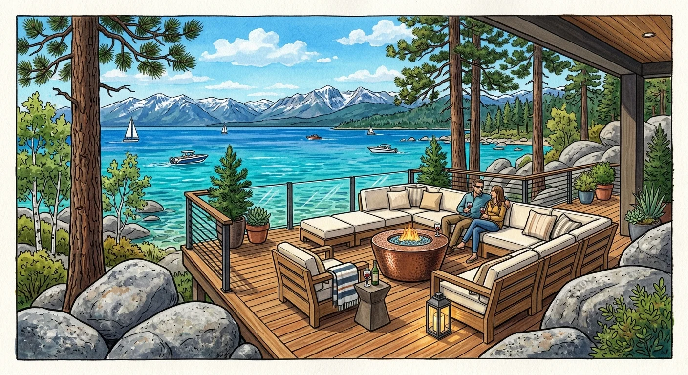 A gouache illustration of a modern wood deck on the rocky shores of Lake Tahoe in Incline Village, Nevada.