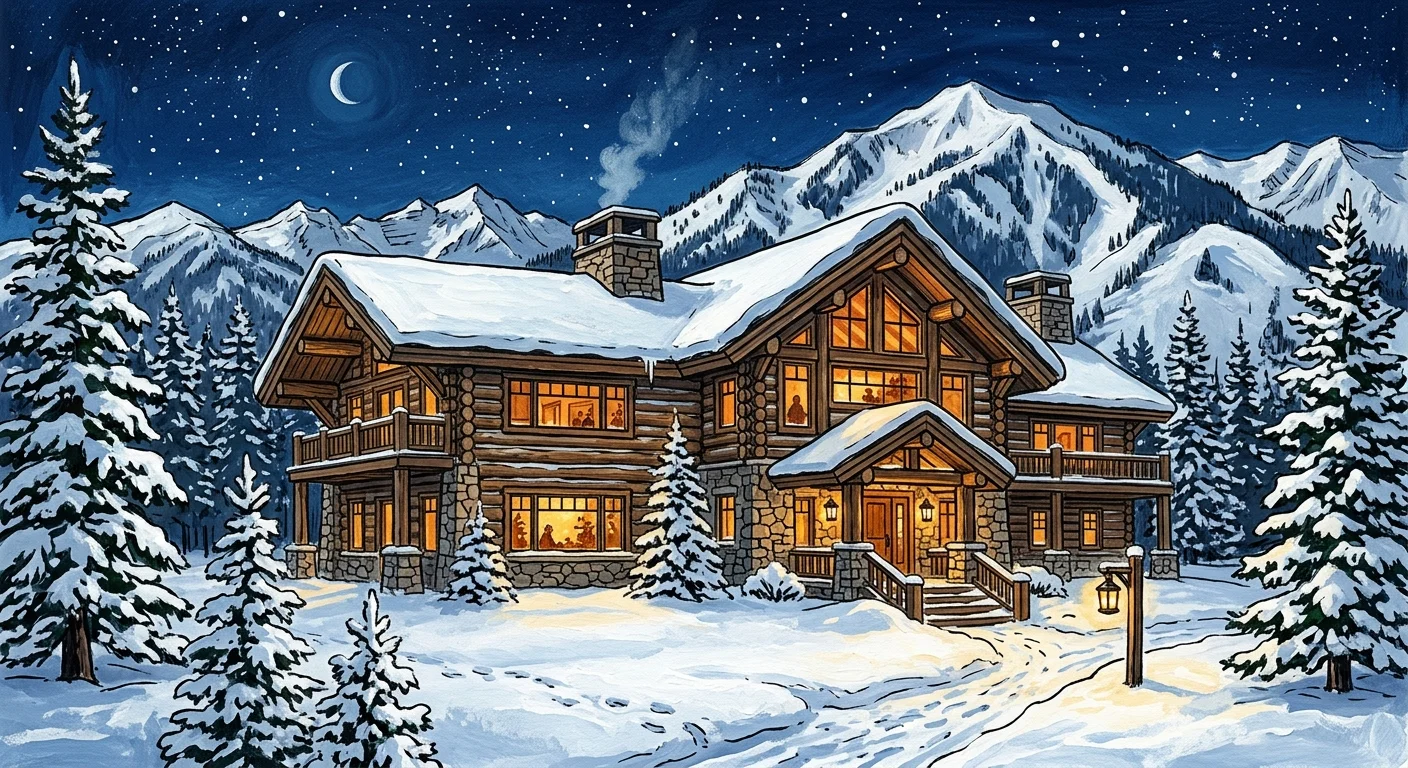A gouache illustration of a rustic-luxe log and stone mountain lodge in Ketchum, Idaho, under a starry winter sky.