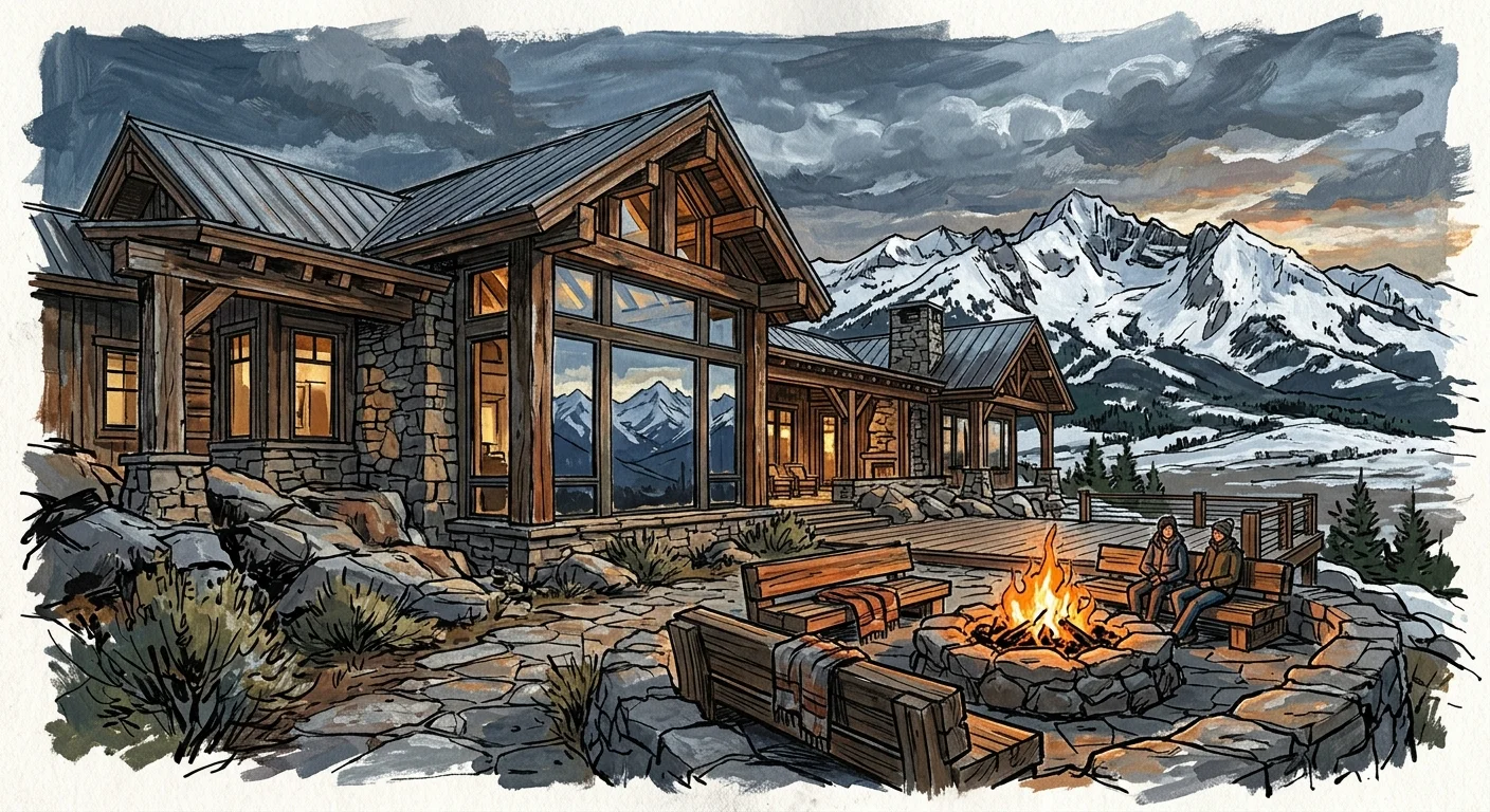 A gouache illustration of a rustic-luxe timber ranch in Big Sky, Montana, with snow-covered mountains in the background.