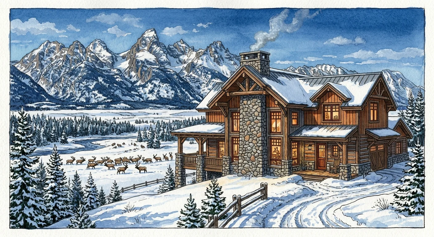 A gouache illustration of a rustic timber and stone mountain estate in Jackson Hole, with the Grand Tetons in the background.