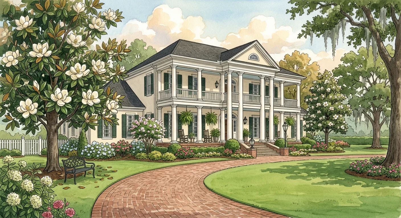 A gouache illustration of a Southern colonial estate in Madison, Mississippi, surrounded by blooming magnolia trees.