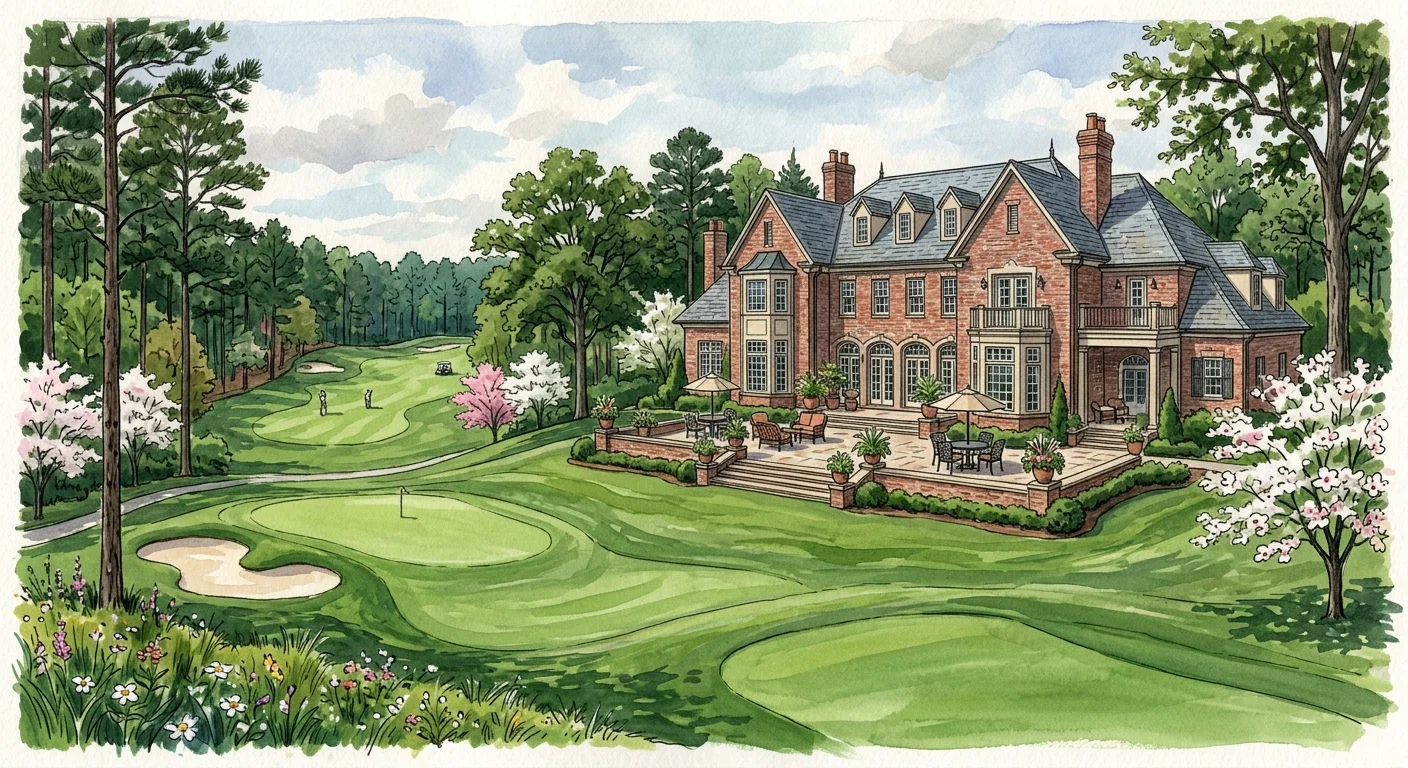 A gouache illustration of a stately brick home overlooking a lush golf course green in Chenal Valley, Arkansas.