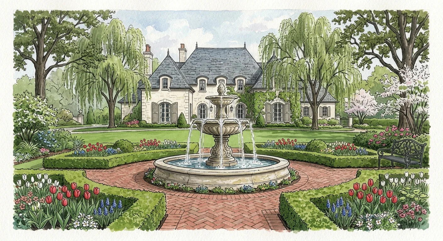 A gouache illustration of a stone fountain in a brick courtyard with tulips in Mission Hills, Kansas.