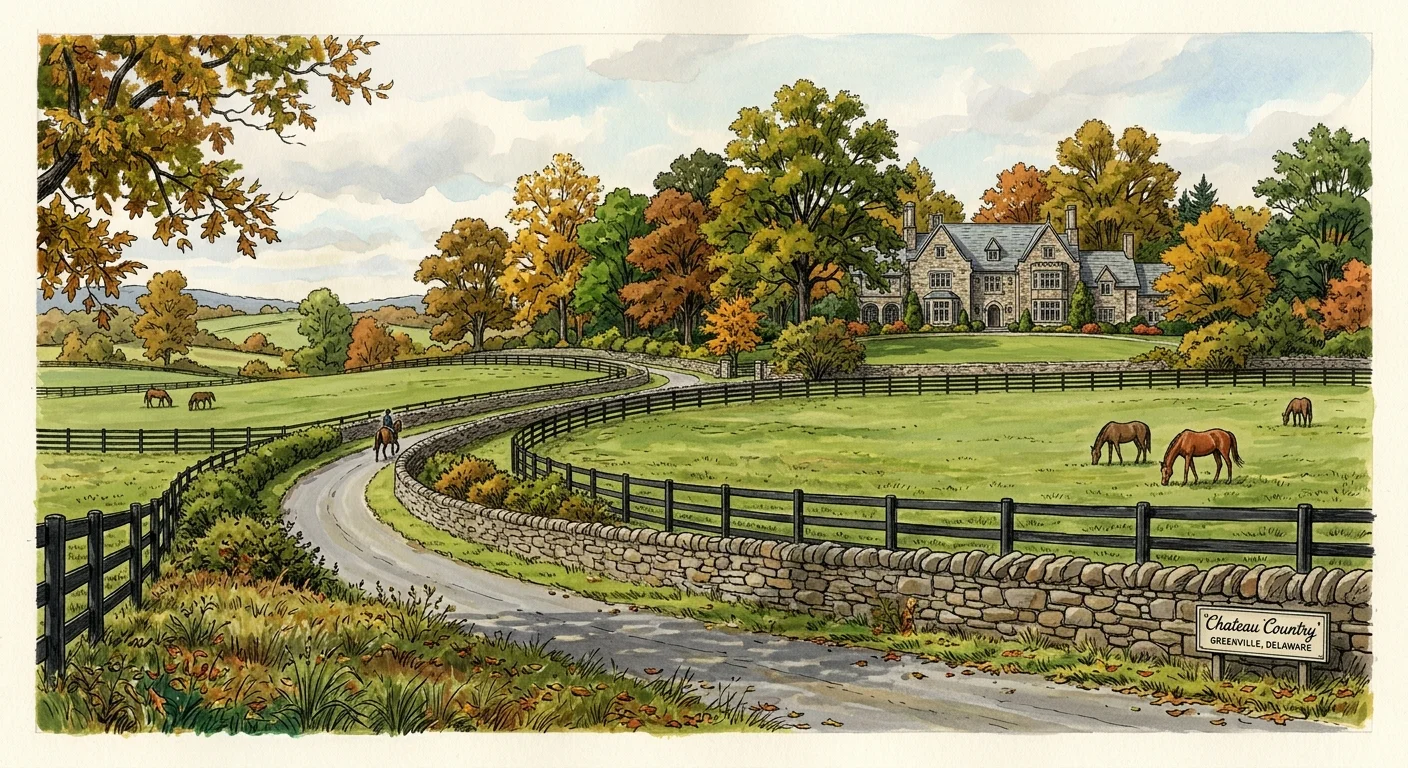 A gouache illustration of a stone wall, horse pasture, and distant stone manor in Greenville, Delaware.