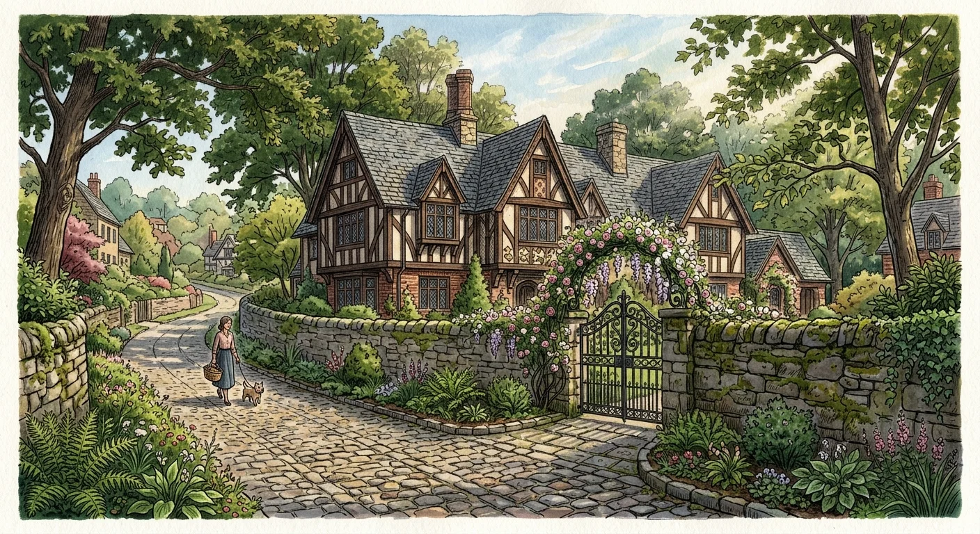 A gouache illustration of a Tudor-style estate behind a stone wall with climbing roses on a winding lane in Mountain Brook, Alabama.