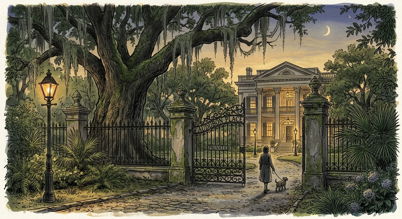 A gouache illustration of the grand wrought-iron gate of Audubon Place in New Orleans, framed by live oaks and Spanish moss.