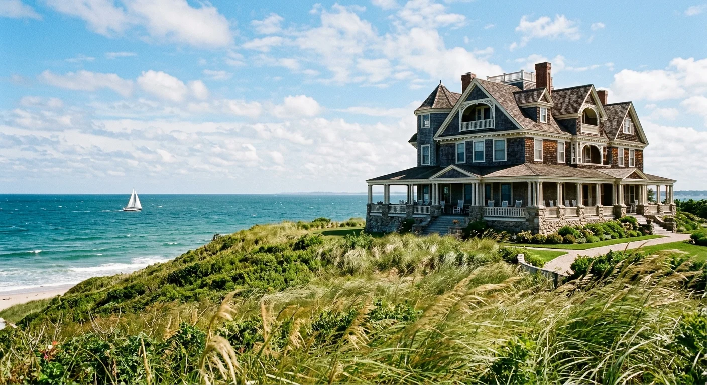 A grand Victorian shingle-style cottage on a grassy hill overlooking the ocean in Watch Hill, Rhode Island.