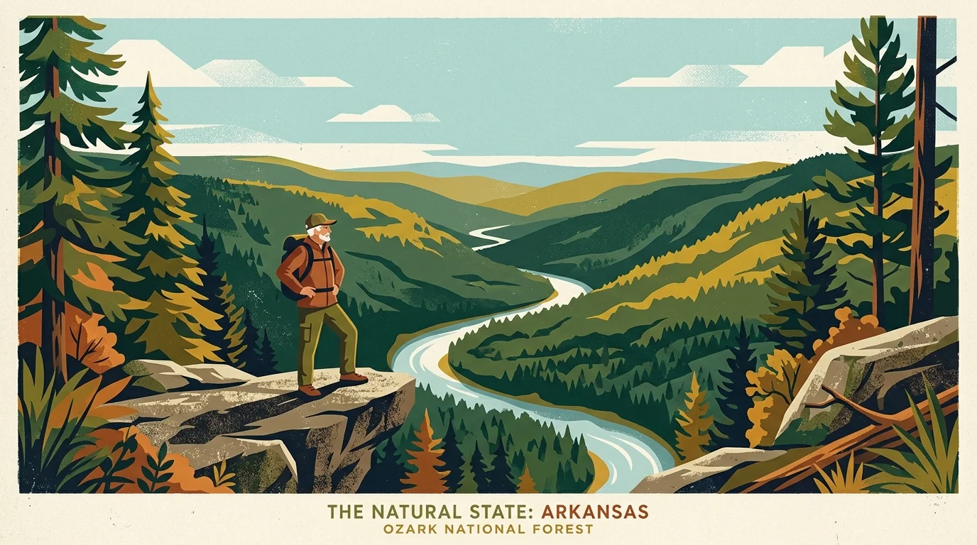 A graphic screenprint illustration of a senior hiker standing on a rocky ledge overlooking a winding river valley in Arkansas.