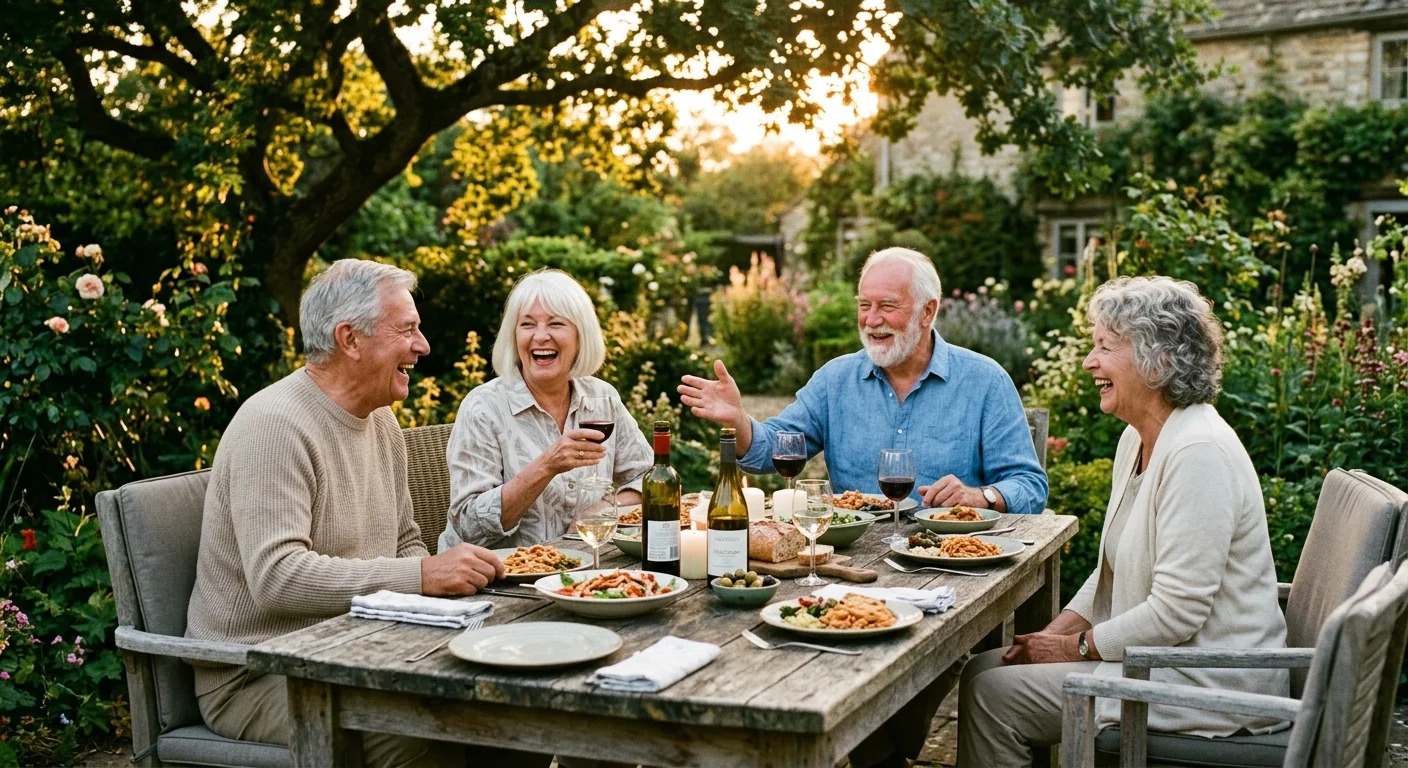 A group of older friends laughing and sharing a meal at an outdoor table in a sunlit backyard garden.