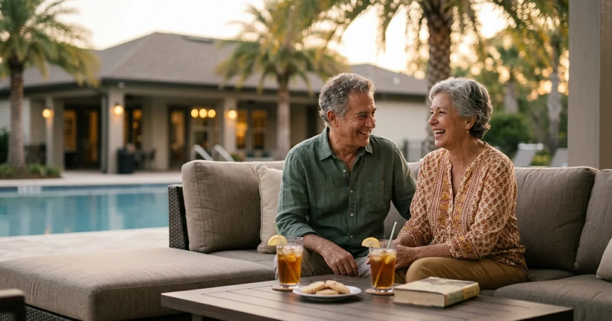 A happy retired couple laughing together on a sunlit patio at a resort-style retirement community during golden hour.