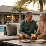 A happy retired couple laughing together on a sunlit patio at a resort-style retirement community during golden hour.