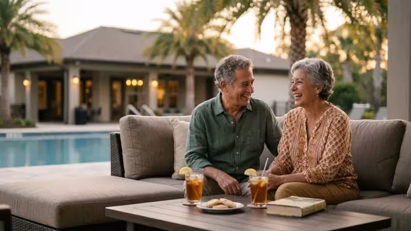 A happy retired couple laughing together on a sunlit patio at a resort-style retirement community during golden hour.
