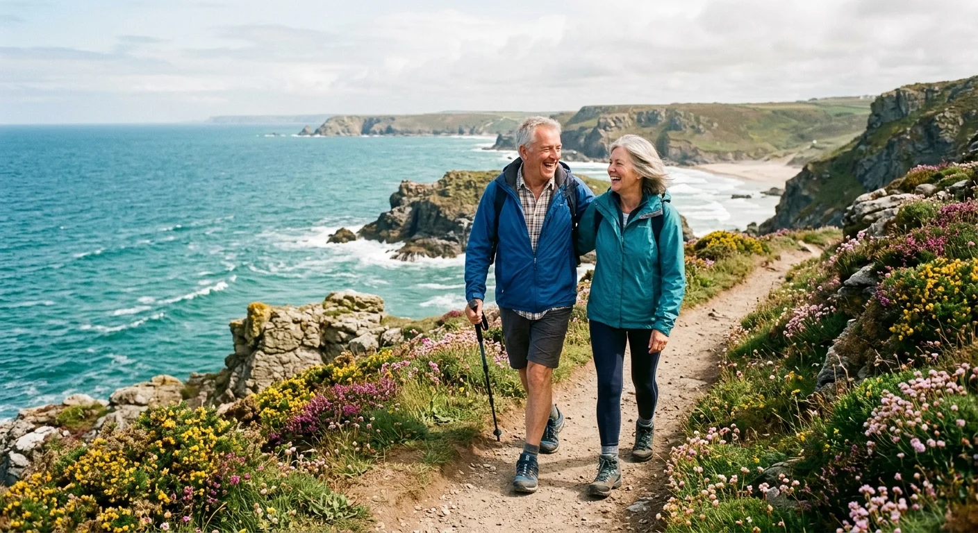 A happy retired couple walking along a beautiful coastal path, enjoying active outdoor exercise.