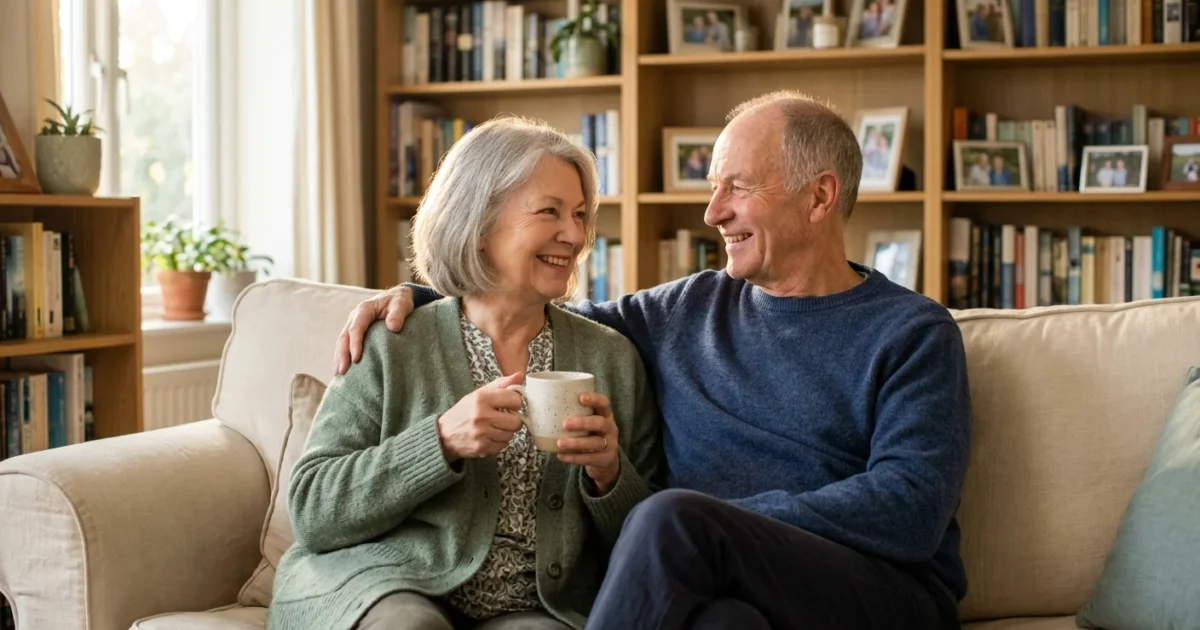A happy senior couple sits together in a sunny living room, enjoying a calm and financially secure retirement.