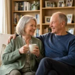 A happy senior couple sits together in a sunny living room, enjoying a calm and financially secure retirement.