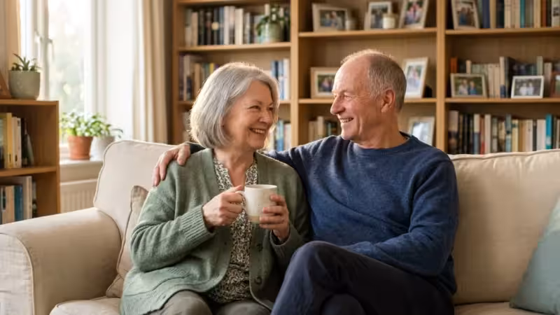 A happy senior couple sits together in a sunny living room, enjoying a calm and financially secure retirement.