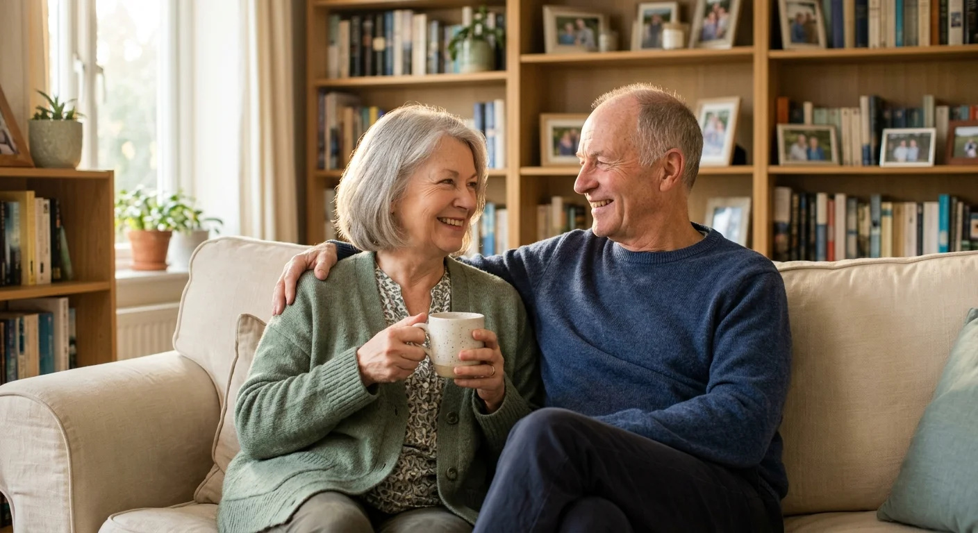 A happy senior couple sits together in a sunny living room, enjoying a calm and financially secure retirement.
