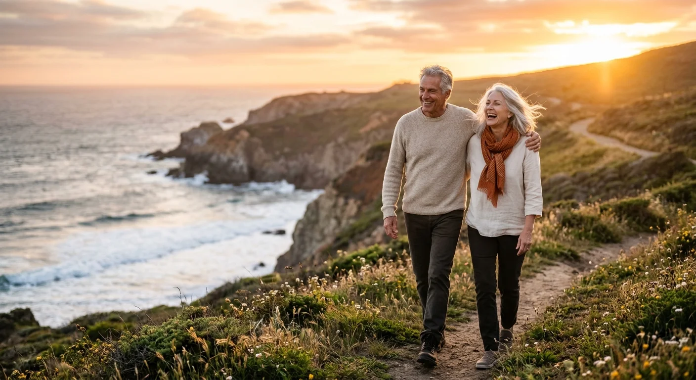 A happy senior couple walks along a scenic coastal path at sunset, representing a blissful and secure retirement.