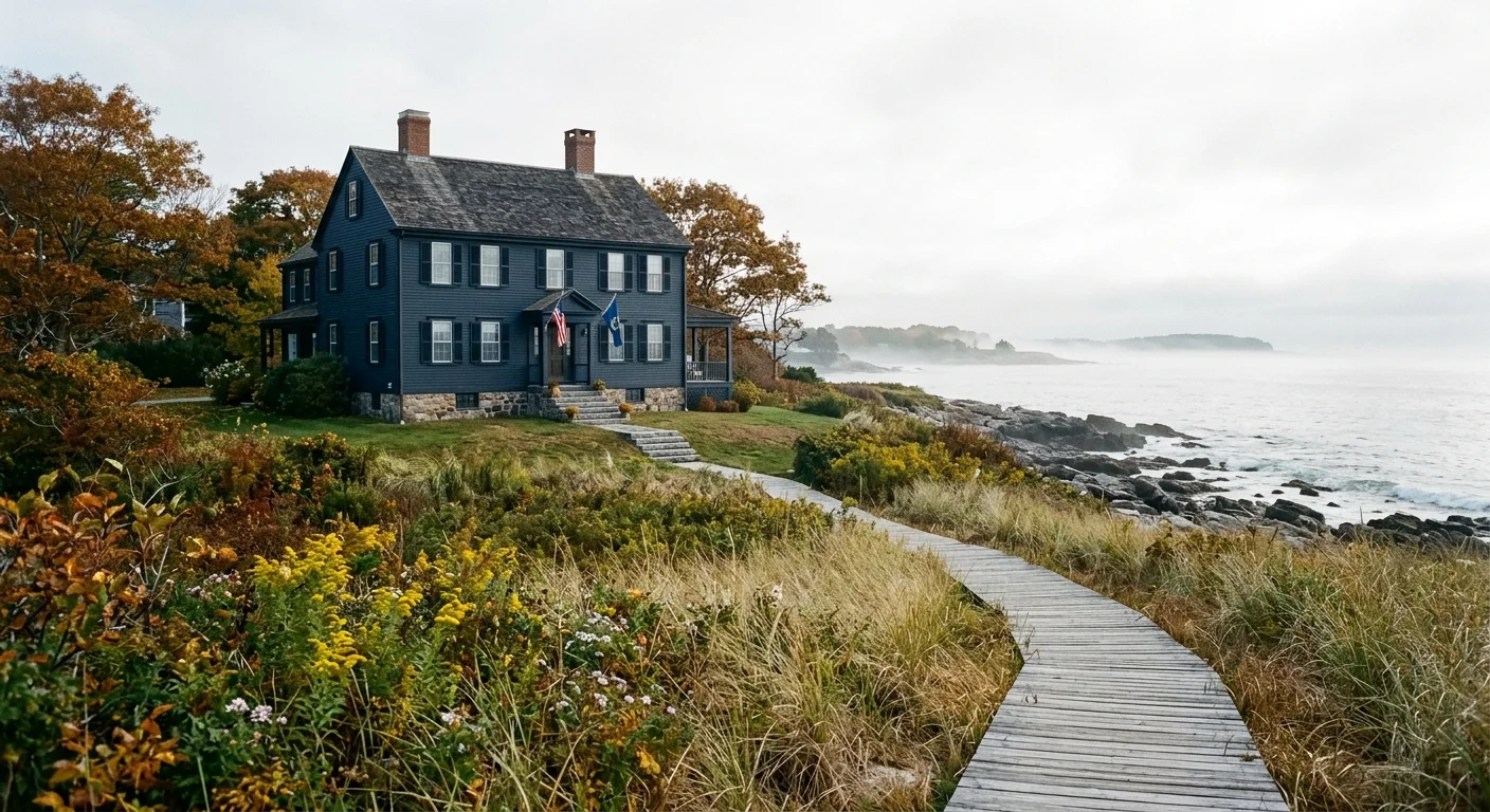 A historic navy blue colonial home in New Castle, New Hampshire, with a boardwalk path leading to the rocky coast.