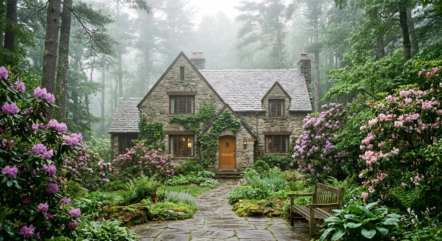 A historic stone cottage in Biltmore Forest, North Carolina, surrounded by blooming rhododendrons in the morning mist.