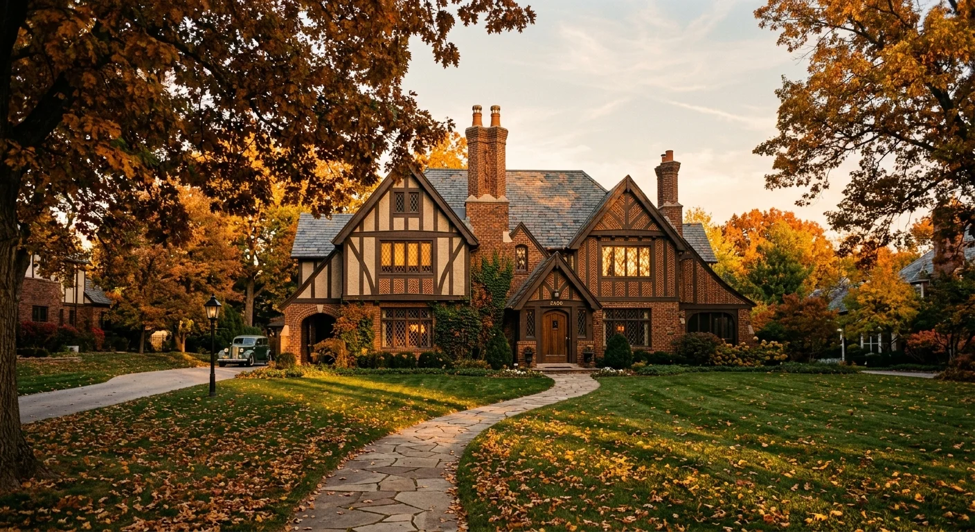 A historic Tudor revival home in Des Moines, Iowa, framed by mature trees with golden autumn leaves.