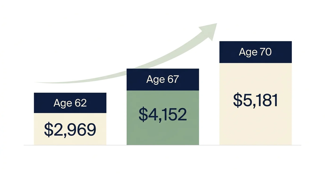 A horizontal diagram showing retirement benefit amounts increasing from age 62 to age 70.