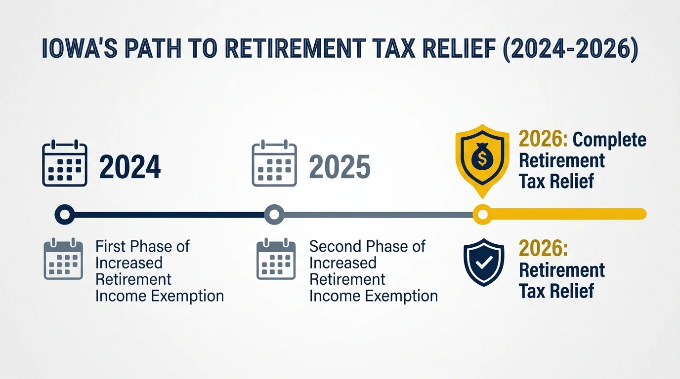 A horizontal timeline diagram illustrating Iowa's multi-year phase-in to complete retirement tax relief by the year 2026.