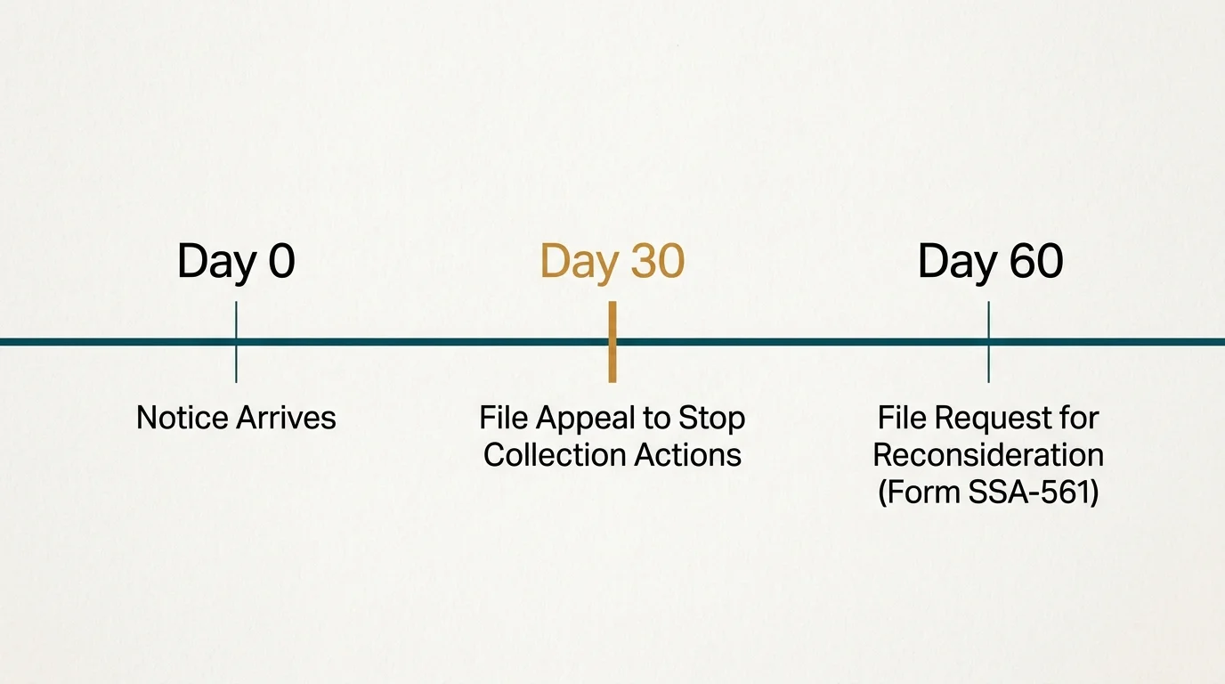 A horizontal timeline diagram illustrating the 30-day and 60-day deadlines for responding to a Social Security notice.