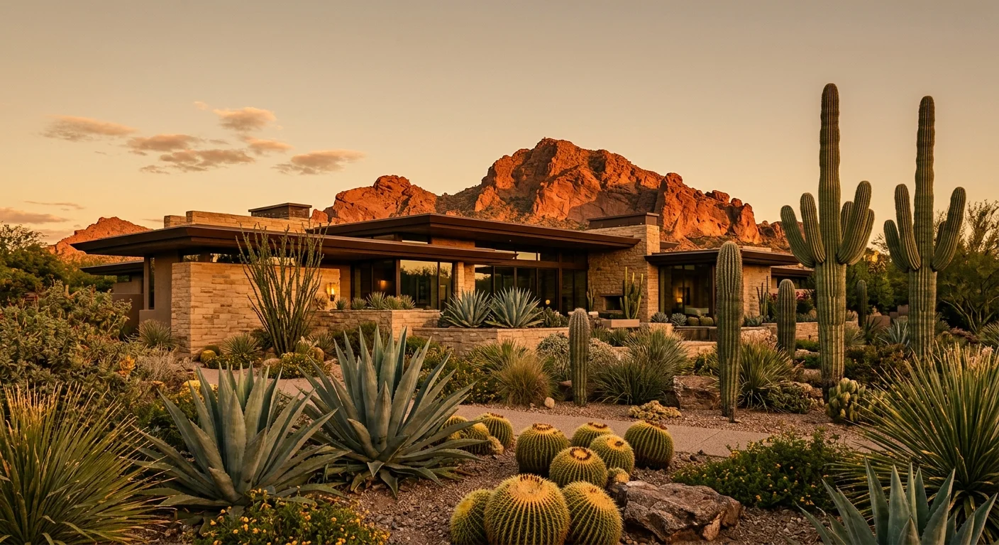 A luxury desert home in Paradise Valley, Arizona, featuring drought-tolerant landscaping and views of Camelback Mountain.