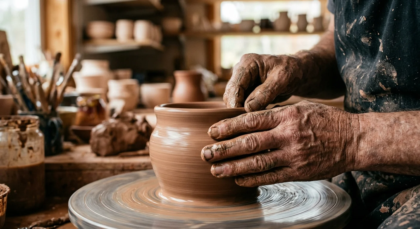 A macro shot of a senior artisan's hands shaping a wet clay pot on a spinning potter's wheel.