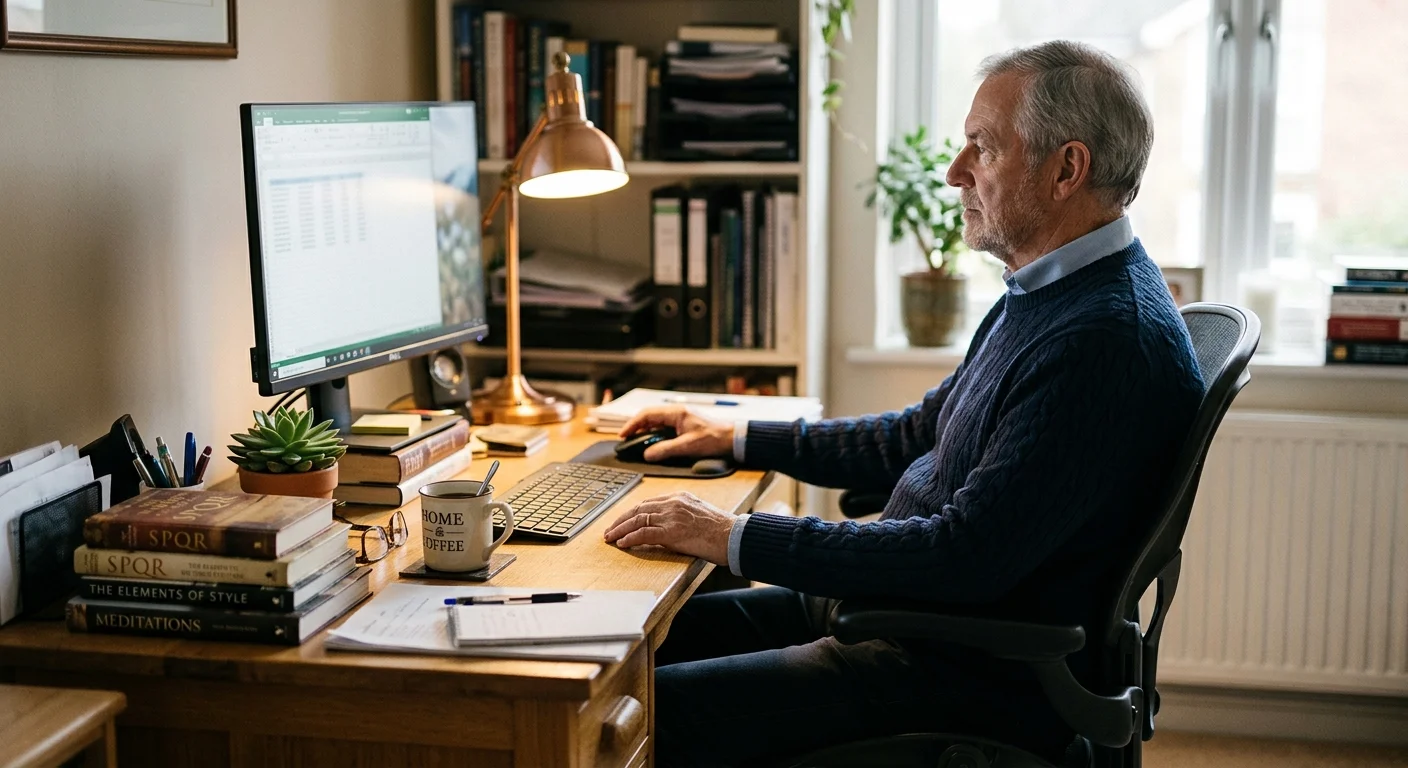 A man working at a desk with perfect ergonomic posture, his monitor set at eye level.