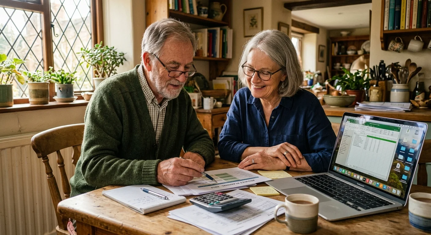 A mature couple sits together at a kitchen table reviewing papers with coffee, representing financial teamwork.