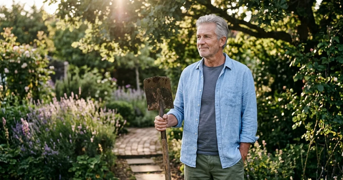 A mature man holding a gardening tool in a sunlit backyard, looking thoughtful.