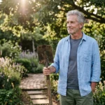 A mature man holding a gardening tool in a sunlit backyard, looking thoughtful.