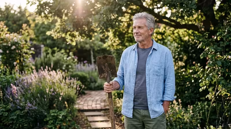 A mature man holding a gardening tool in a sunlit backyard, looking thoughtful.