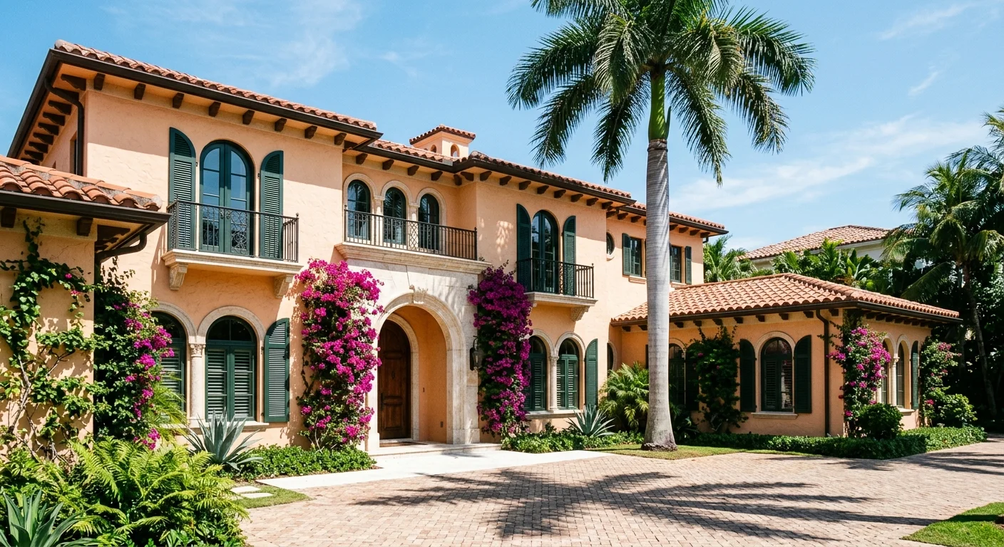 A Mediterranean Revival villa in Palm Beach with climbing magenta bougainvillea and a tall palm tree casting shadows.