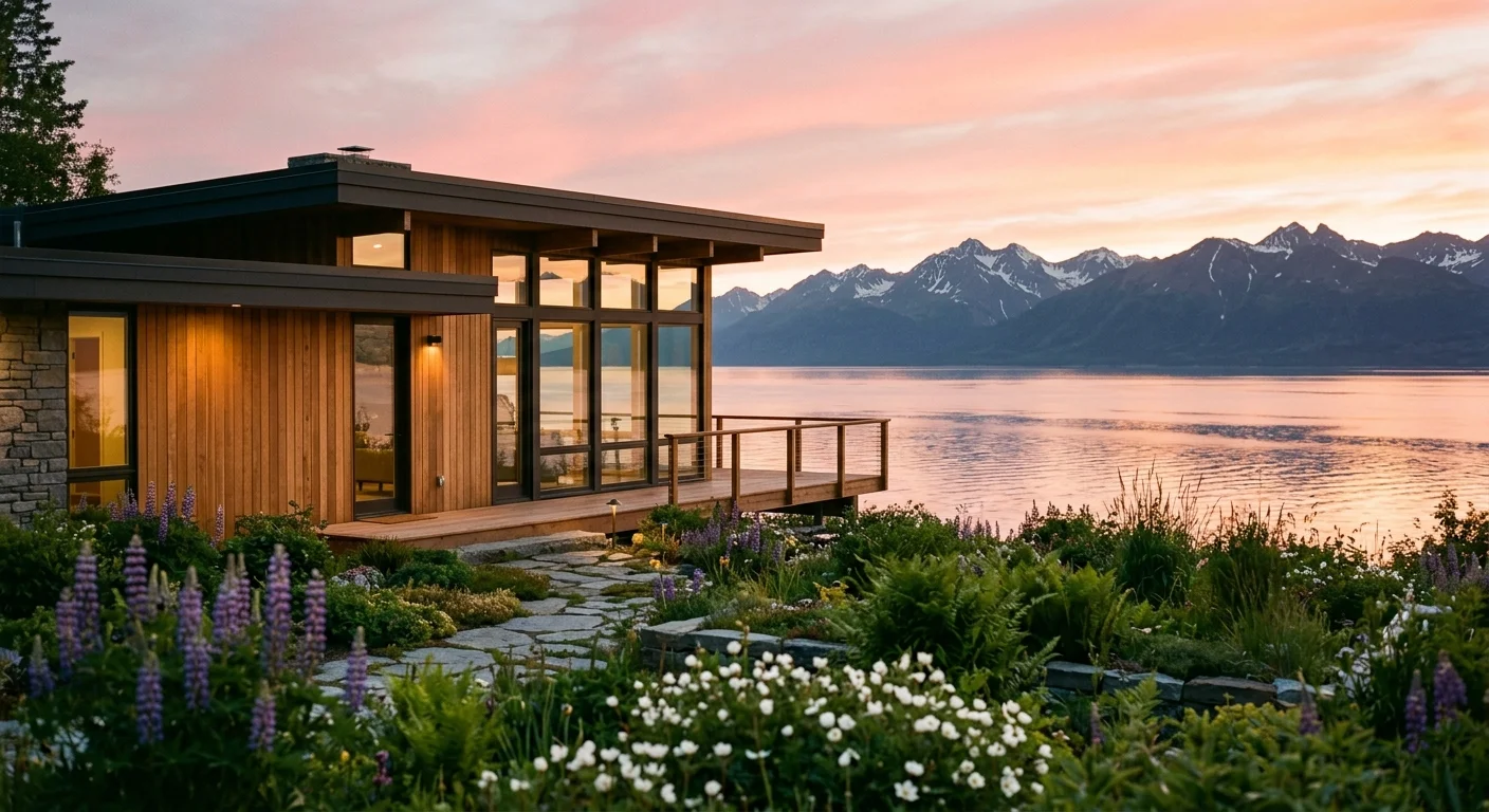 A mid-century modern home in Anchorage, Alaska, with views of the Cook Inlet and snowy mountains at sunset.