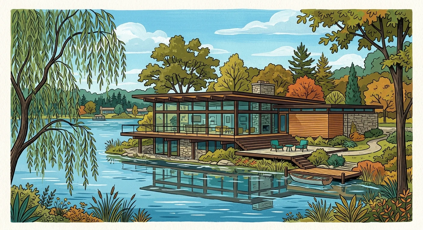 A mid-century modern lakeside home in Bloomfield Hills, Michigan, with glass walls reflecting on water, illustrated in gouache.